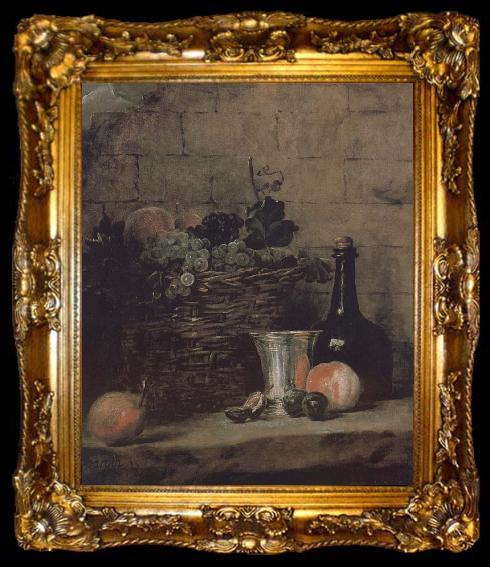 framed  Jean Baptiste Simeon Chardin Silver wine bottle grapes peaches plums and pears, ta009-2